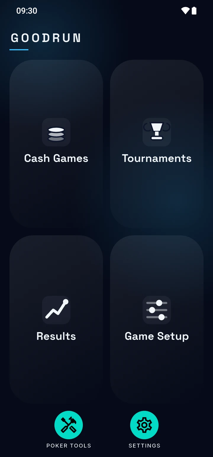 GoodRun home screen with Cash Games, Tournaments, Results and Game Setup, plus Poker Tools and Settings