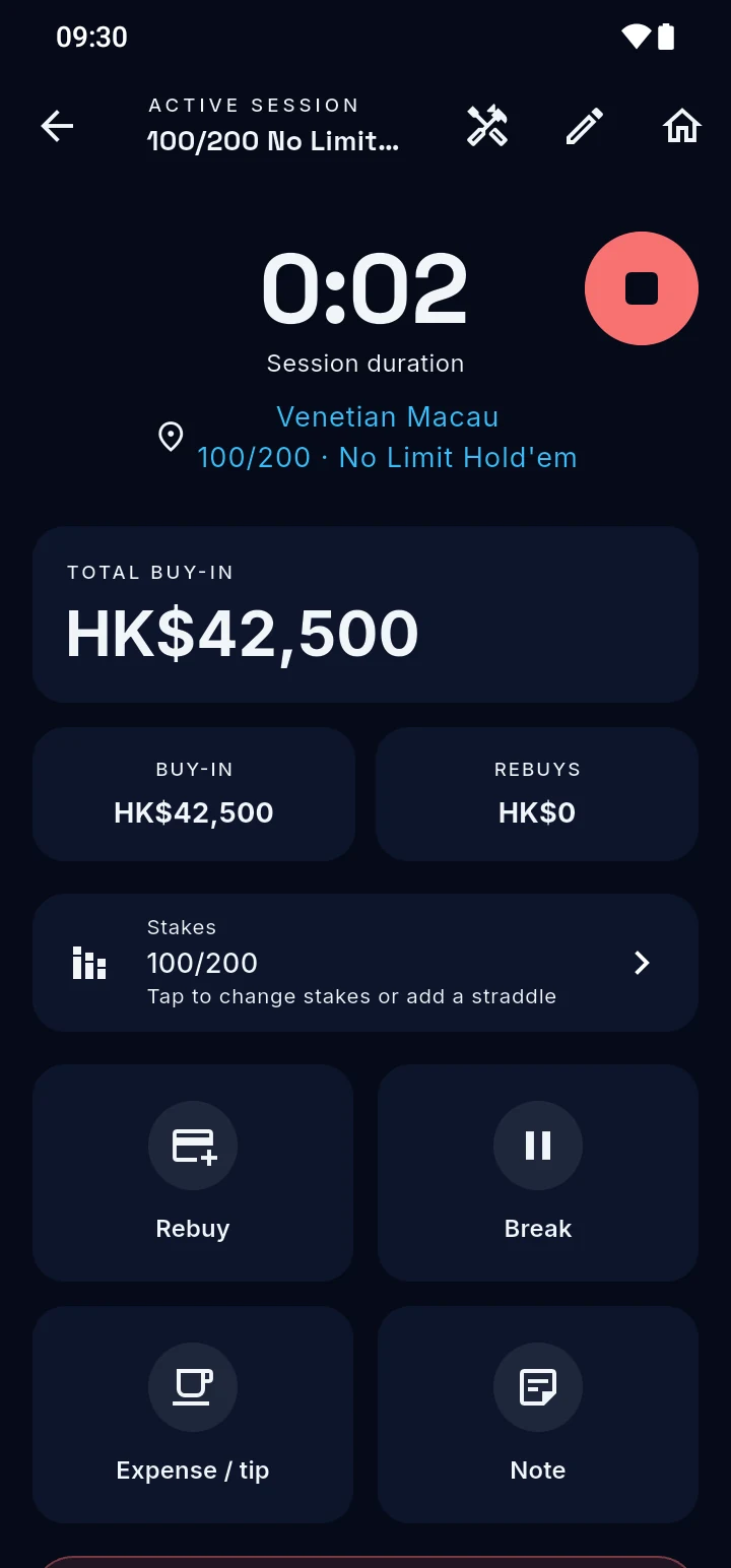 Active session with mindset mode off: total buy-in, buy-in and rebuy amounts are shown