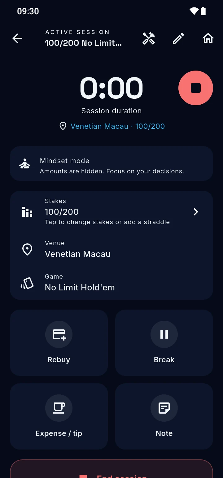 Active session with mindset mode on: amounts are hidden, only time, stakes and venue are shown